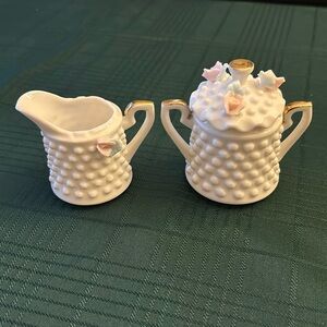 Vintage Petite Hobnail Milk Glass Creamer & Sugar Set, 2-1/2” to 3-1/4” Tall.